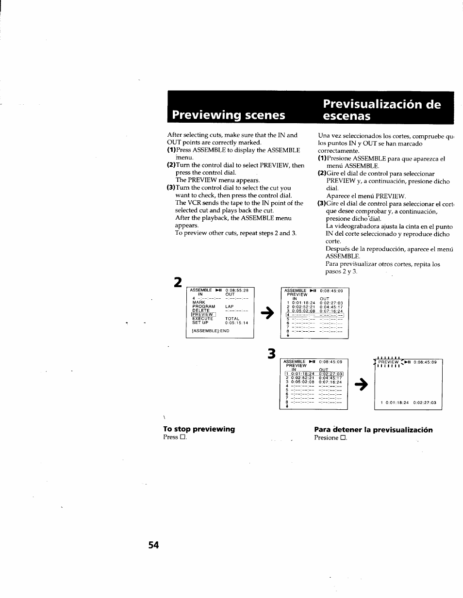 Previewing scenes, Previsualización de escenas, Para detener la previsualización | Previewing scenes previsualización de escenas | Sony GV-D900 User Manual | Page 54 / 88