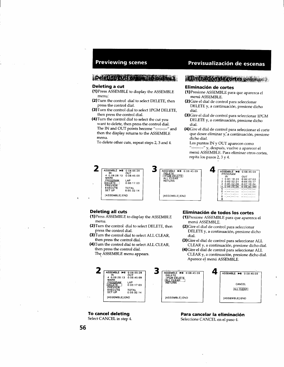 Previsualización de escenas, Deleting a cut, Eliminación de cortes | Deleting all cuts, Eliminación de todos los cortes, Para cancelar la eliminación, Previewing scenes previsualización de escenas | Sony GV-D900 User Manual | Page 56 / 88