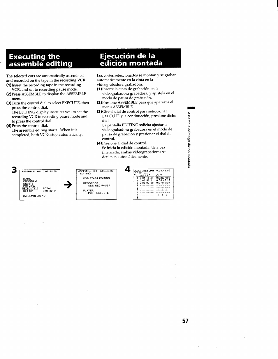 Executing the assemble editing, Ejecución de la edición montada | Sony GV-D900 User Manual | Page 57 / 88