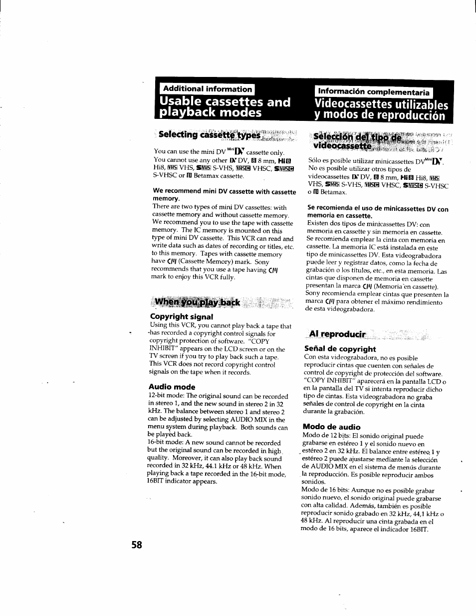 Additional information, Usable cassettes and playback modes, Videocassettes utilizables y modos de reproducción | Selecting cassetti ^pe, We recommend mini dv cassette with cassette memory, When vou'play;back, Copyright signal, Audio mode, Selección de) tipo dé .. videocassette, , .'v v, Al reproducir | Sony GV-D900 User Manual | Page 58 / 88