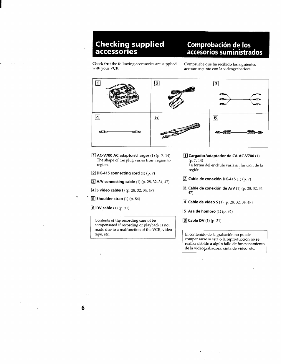 Checking supplied accessories, Comprobación de ios accesorios suministrados, U ac-v700 ac adaptor/charger (1) (p. 7,14) | T| cargador/adaptador de ca ac-v700 (1) | Sony GV-D900 User Manual | Page 6 / 88