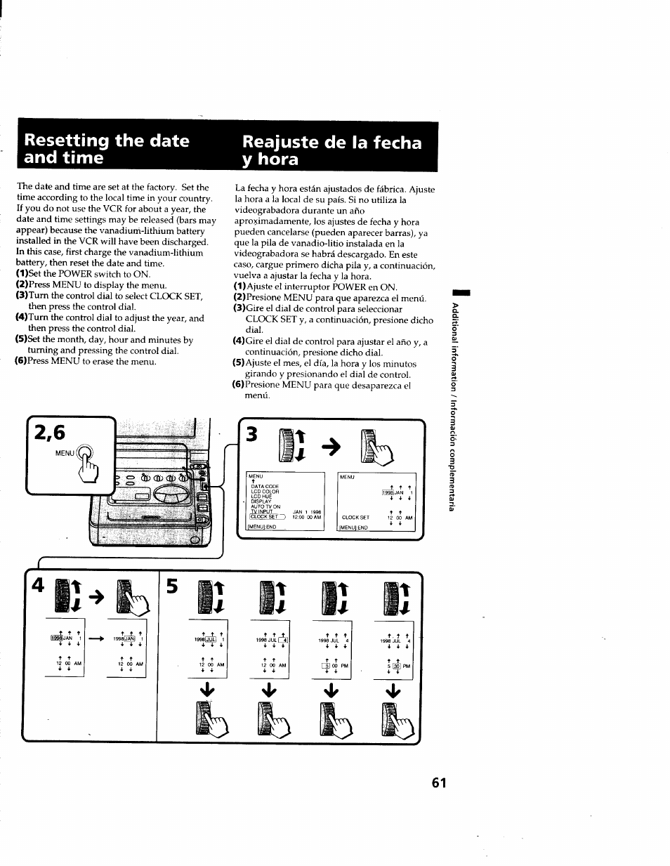 Resetting the date and time, Reajuste de la fecha y hora | Sony GV-D900 User Manual | Page 61 / 88