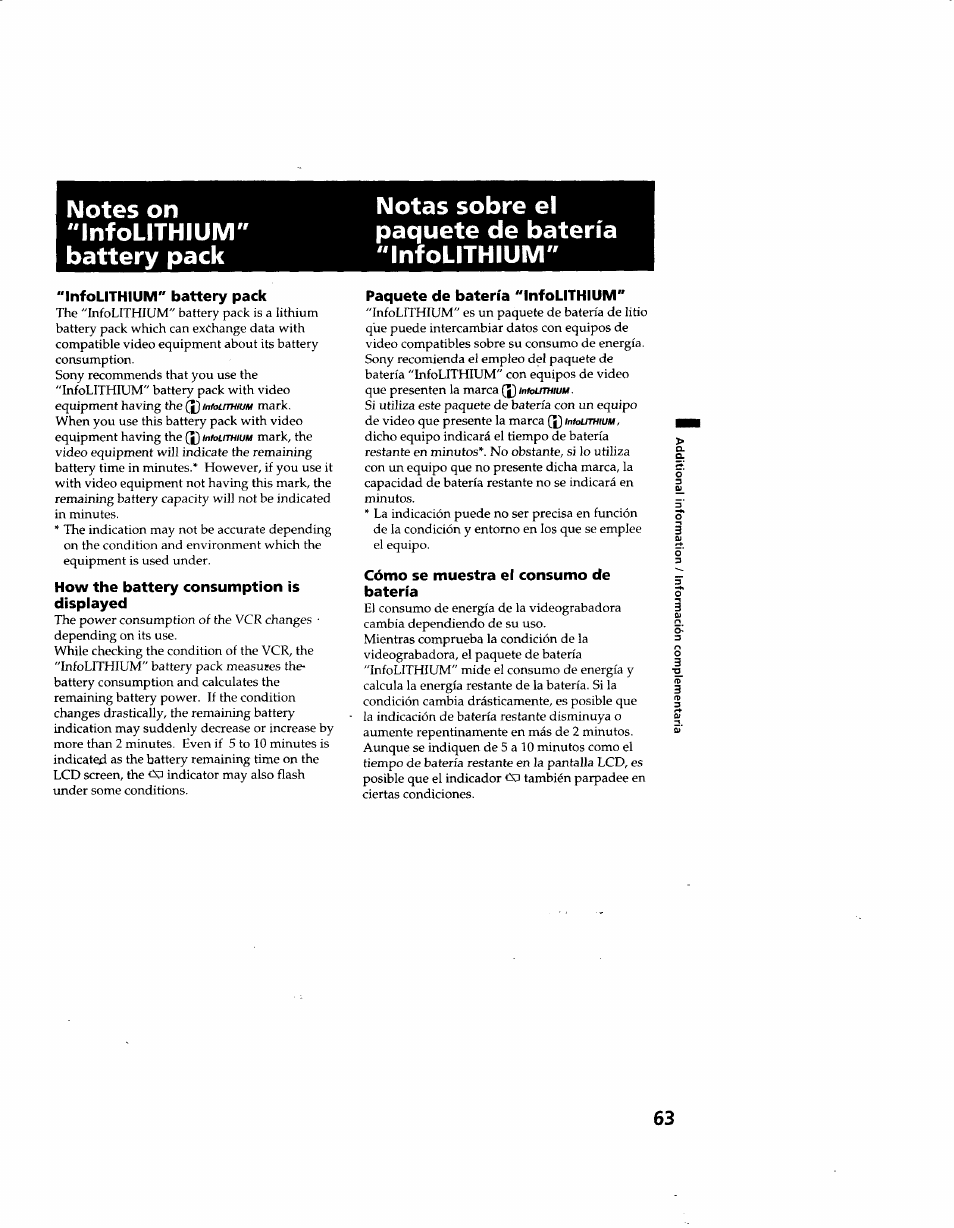 Notas sobre el paquete de batería "infolithiüm, Infolithium" battery pack, How the battery consumption is displayed | Paquete de batería "infolithlum, Cómo se muestra el consumo de batería | Sony GV-D900 User Manual | Page 63 / 88