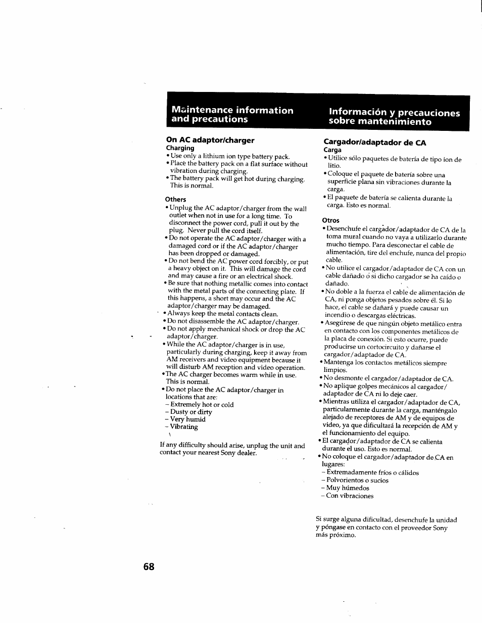 On ac adaptor/charger, Charging, Others | Cargador/adaptador de ca, Carga, Otros | Sony GV-D900 User Manual | Page 68 / 88