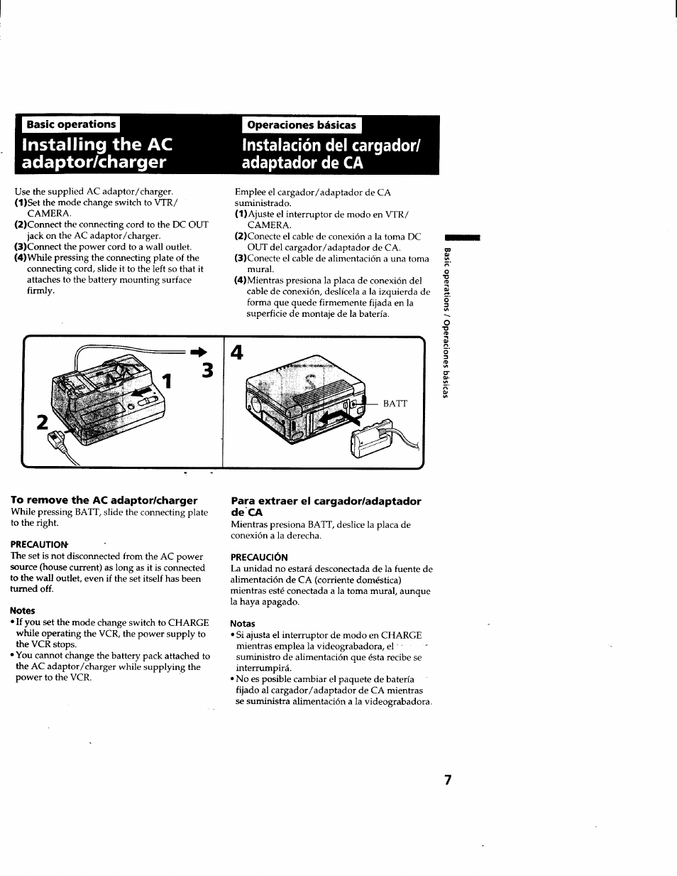 I basic operations, Operaciones básicas, Instalación del cargador/ adaptador de ca | To remove the ас adaptor/charger, Precaution, Notes, Para extraer el cargador/adaptador de ca, Precaución, Notas, Installing the ac adaptor/charger | Sony GV-D900 User Manual | Page 7 / 88