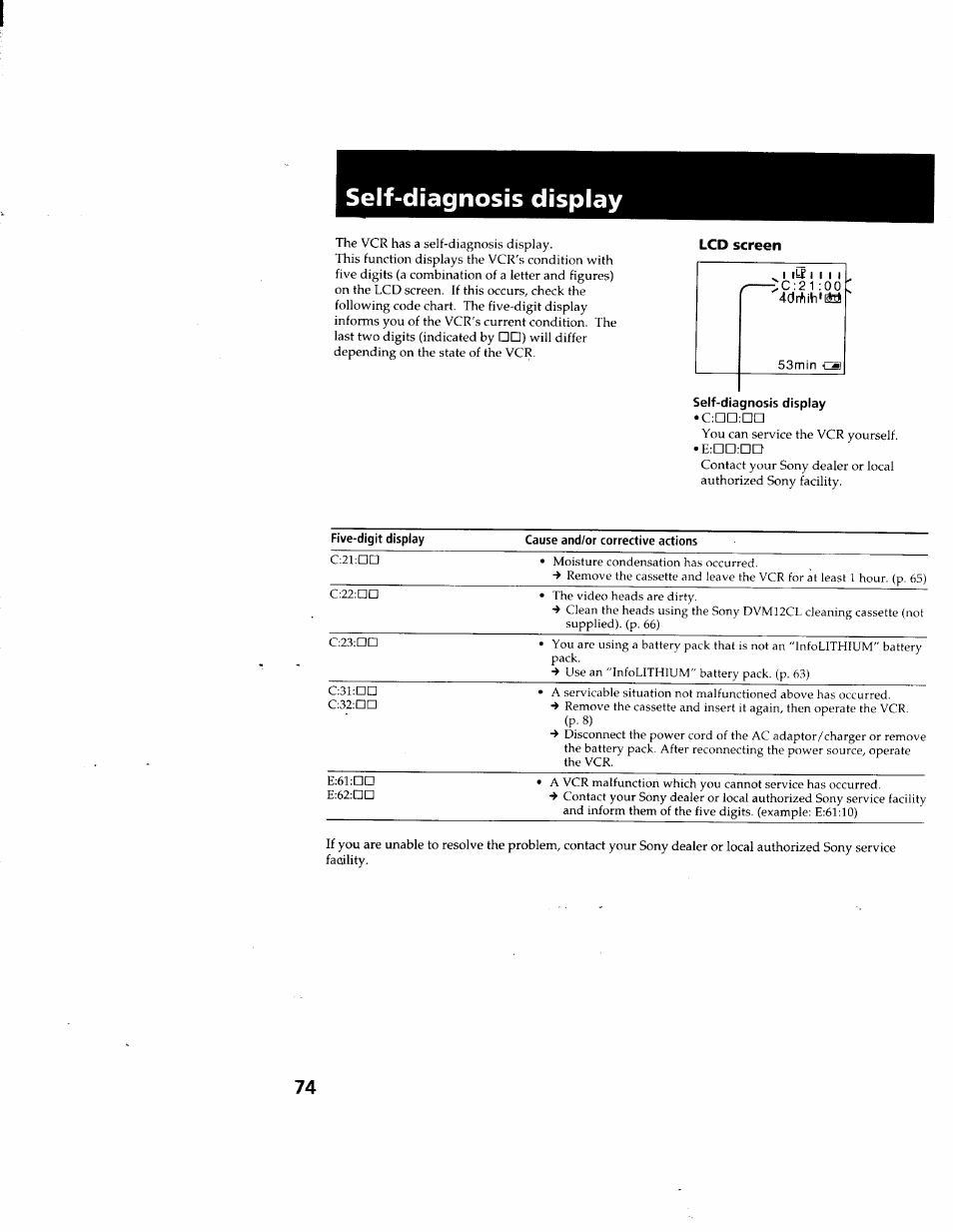 Self-diagnosis display, Lcd screen, C:nn:dd | Sony GV-D900 User Manual | Page 74 / 88