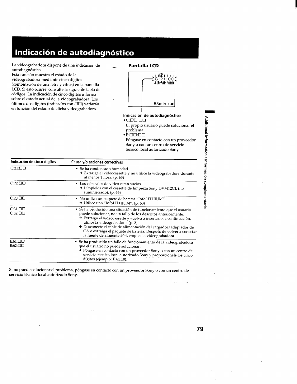 Indicación de autodiagnóstico, Pantalla lcd | Sony GV-D900 User Manual | Page 79 / 88