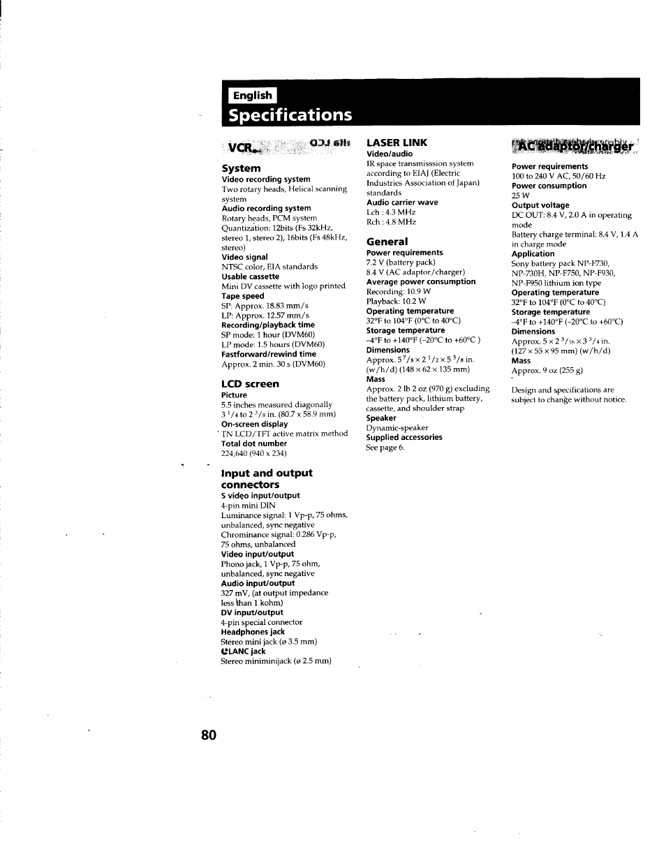 Specifications, System, Lcd screen | Input and output connectors, Laser link, General, Mmmmmr | Sony GV-D900 User Manual | Page 80 / 88