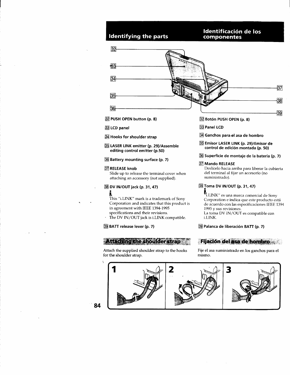 Identifying the parts, Identificación de los componentes, I hooks for shoulder strap | H battery mounting surface (p. 7), Release knob, Idv in/out jack (p. 31,47), I ватт release lever (p. 7), I ganchos para-el asa de hombro, I superficie de montaje de la batería (p. 7), Ü mando release | Sony GV-D900 User Manual | Page 84 / 88