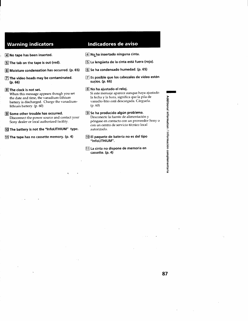 Warning indicators, Indicadores de aviso, Warning indicators indicadores de aviso | Sony GV-D900 User Manual | Page 87 / 88