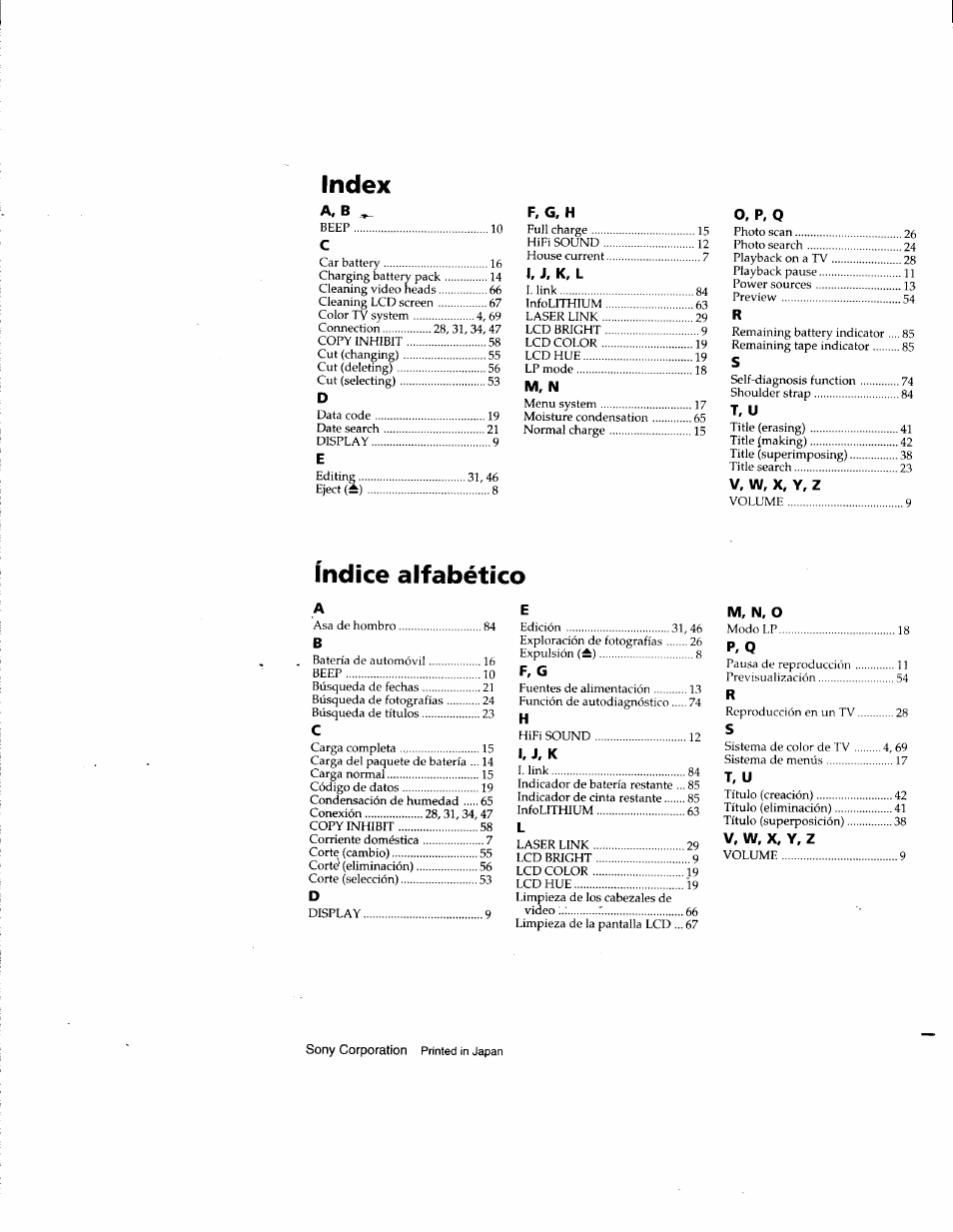 Índice alfabético | Sony GV-D900 User Manual | Page 88 / 88