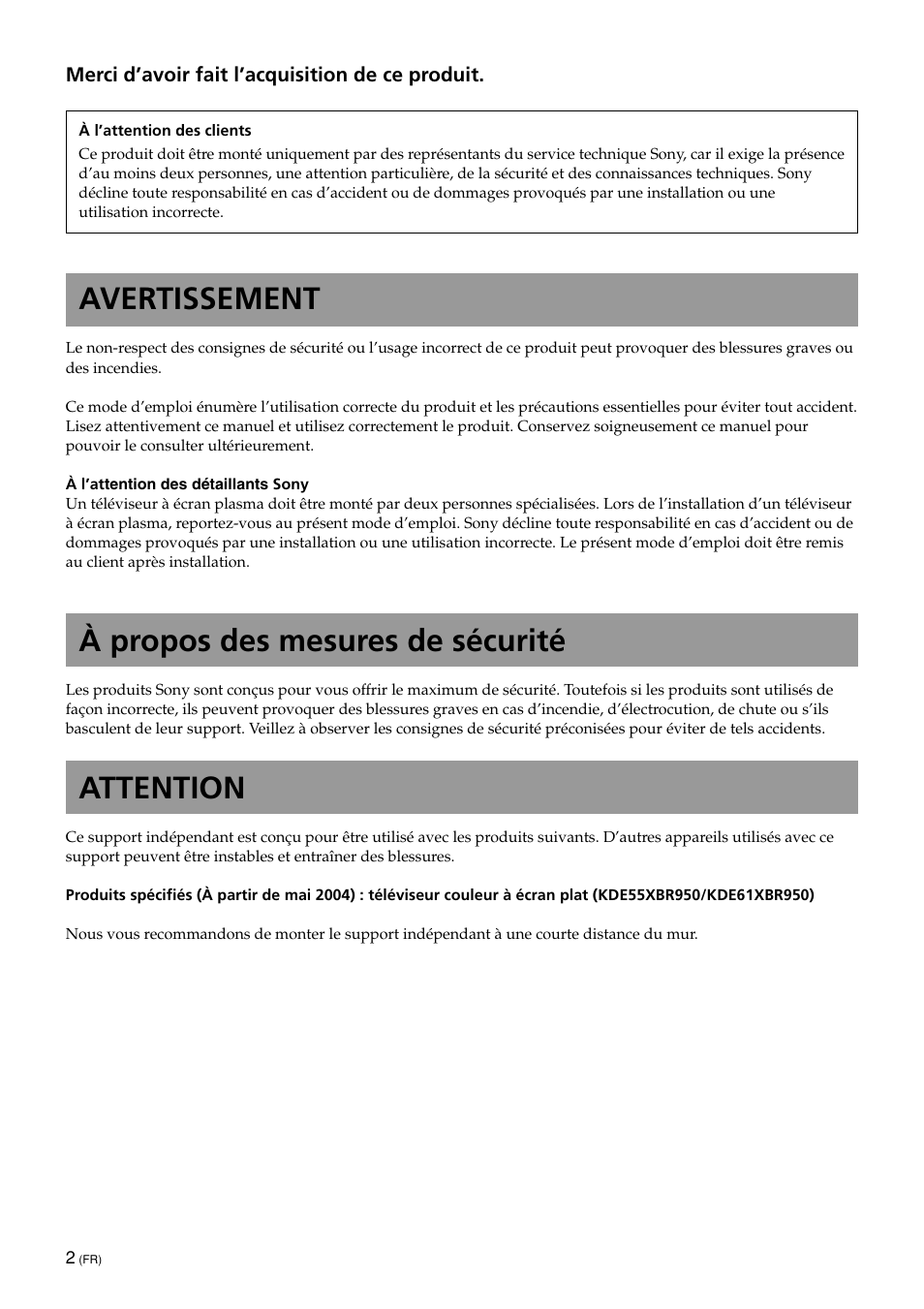 Avertissement, À propos des mesures de sécurité, Attention | Sony SU-PF1L User Manual | Page 12 / 36