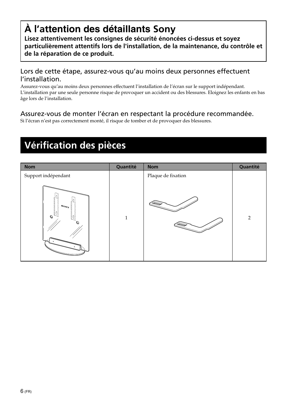 Instructions, Vérification des pièces, À l’at tention des détaillants sony | Sony SU-PF1L User Manual | Page 16 / 36