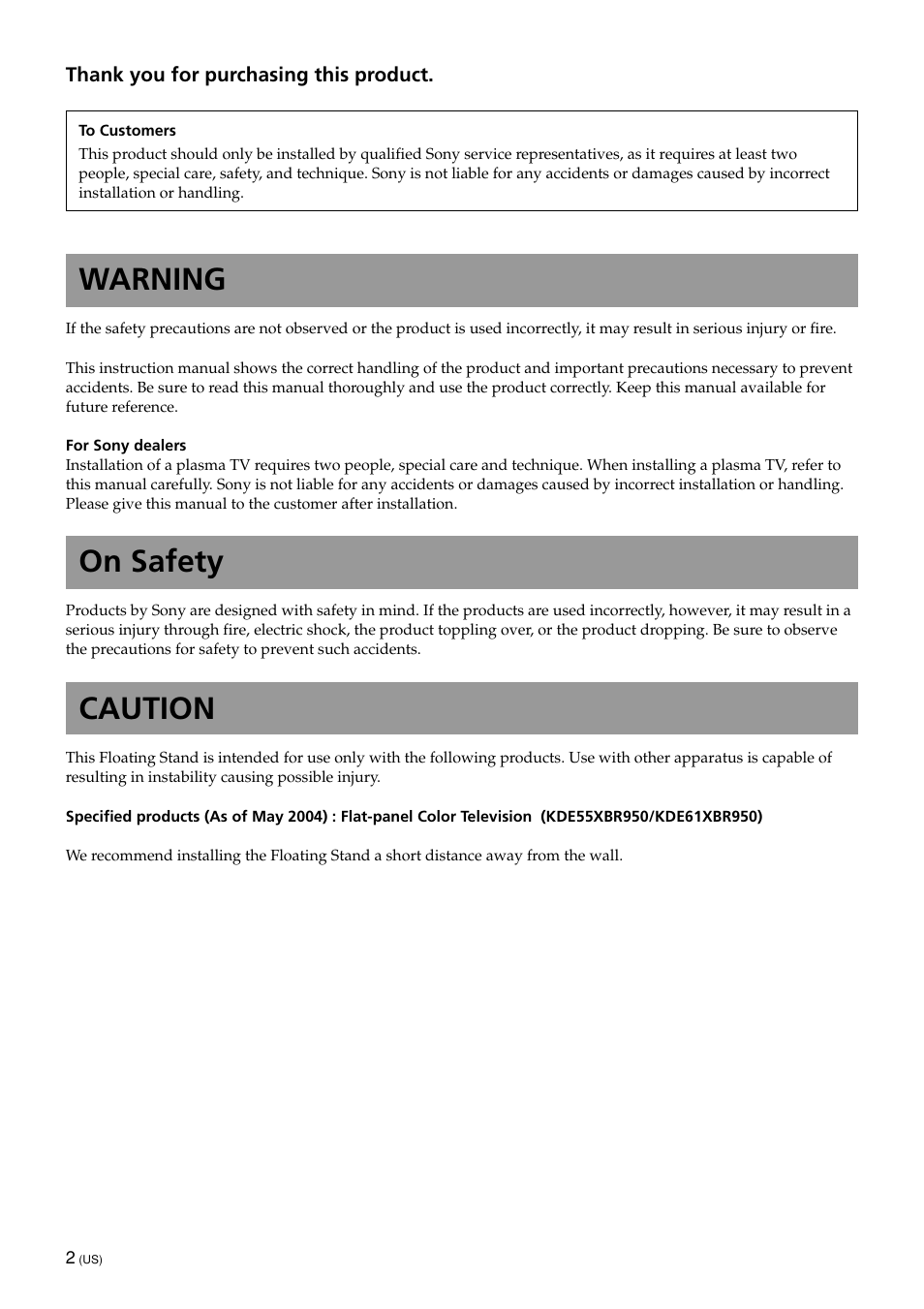 Warning, On safety, Caution | Sony SU-PF1L User Manual | Page 2 / 36