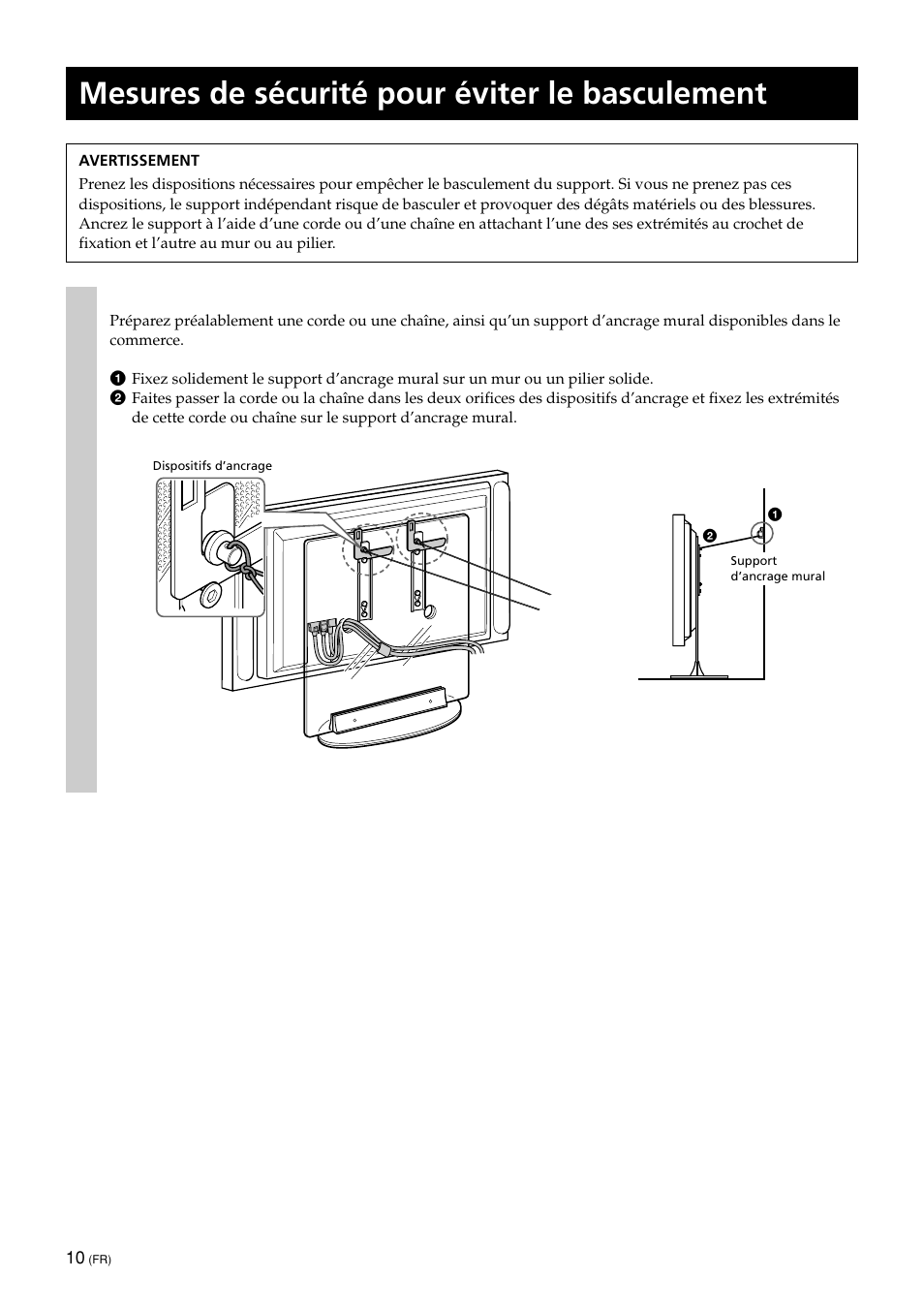 Mesures de sécurité pour éviter le basculement | Sony SU-PF1L User Manual | Page 20 / 36