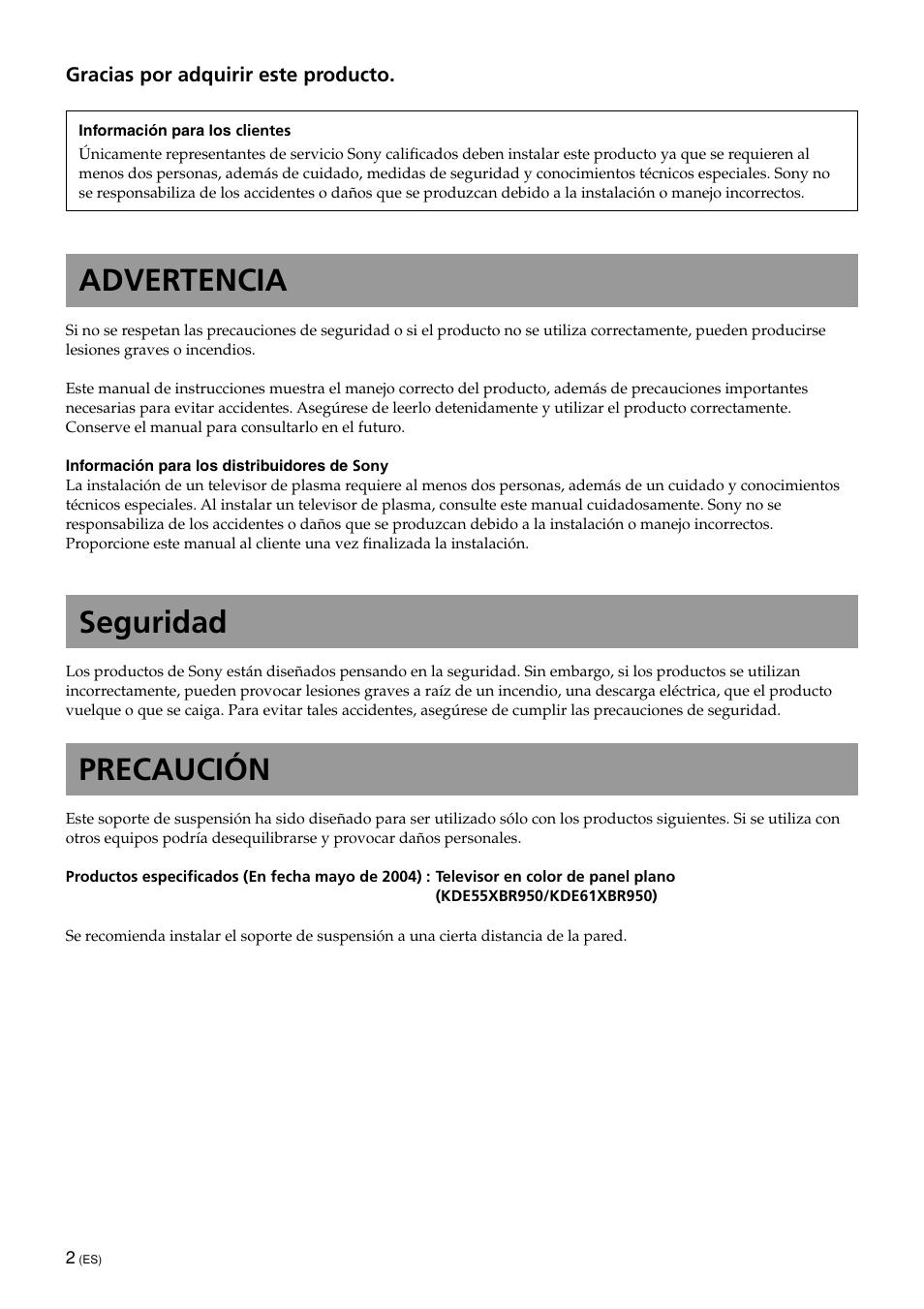 Advertencia, Seguridad, Precaución | Sony SU-PF1L User Manual | Page 22 / 36