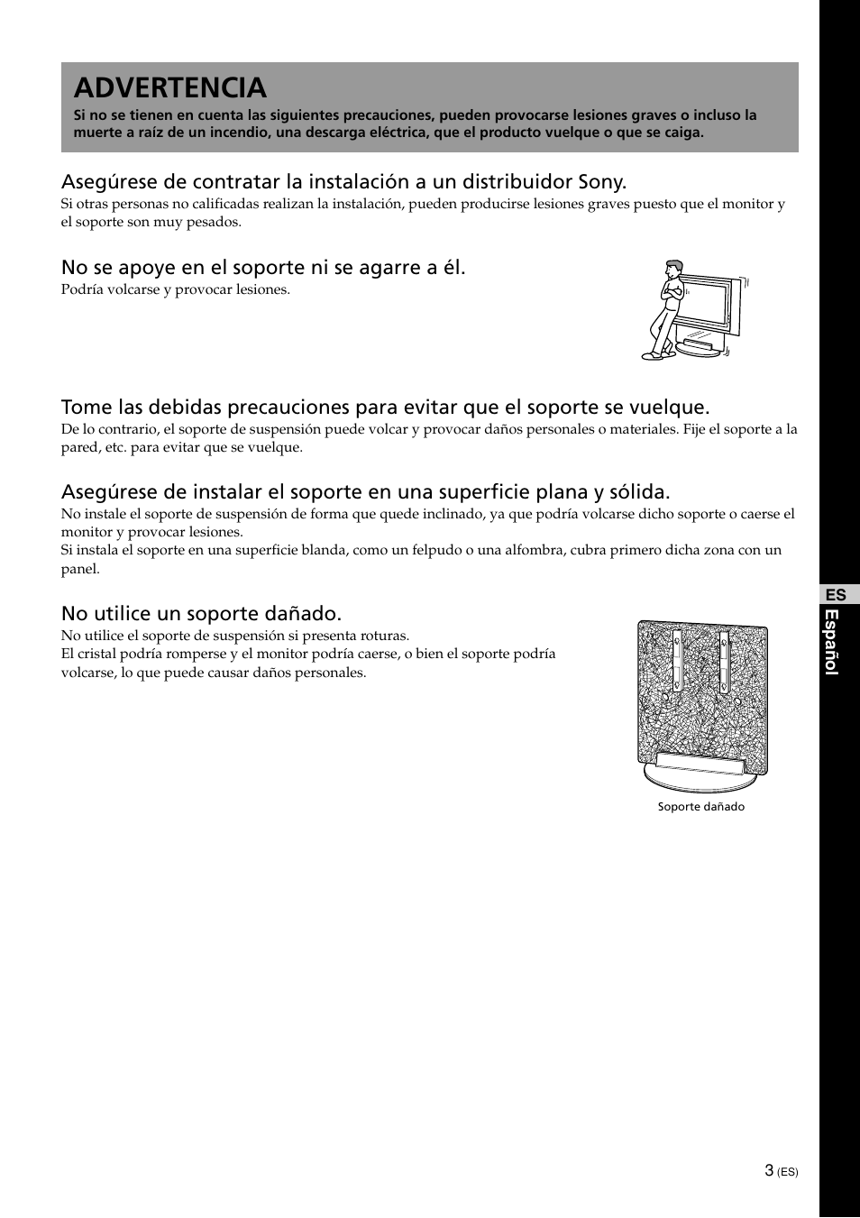 Advertencia | Sony SU-PF1L User Manual | Page 23 / 36