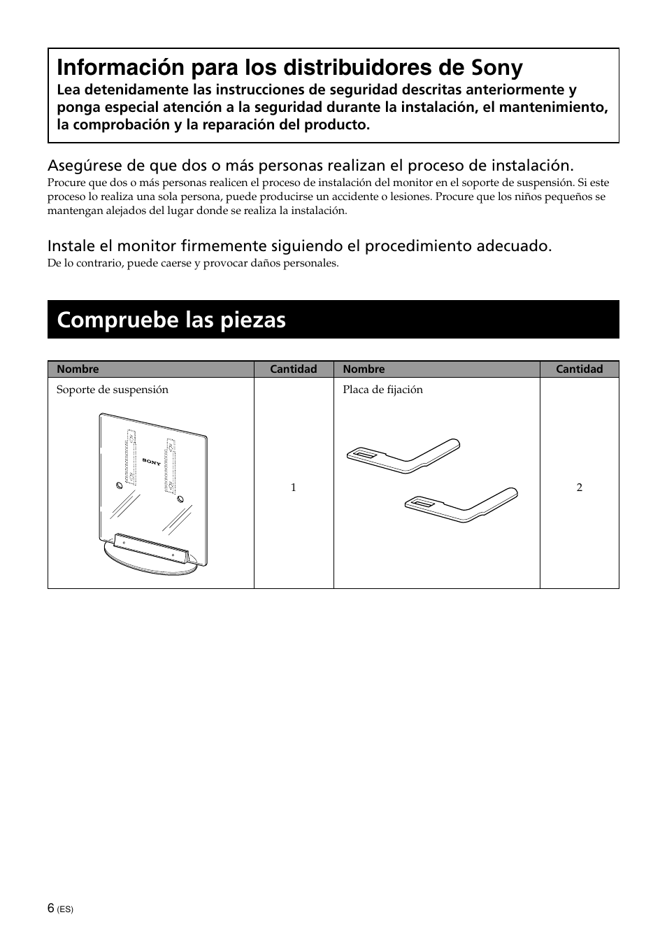 Instrucciones, Compruebe las piezas, Información para los distribuidores de sony | Sony SU-PF1L User Manual | Page 26 / 36