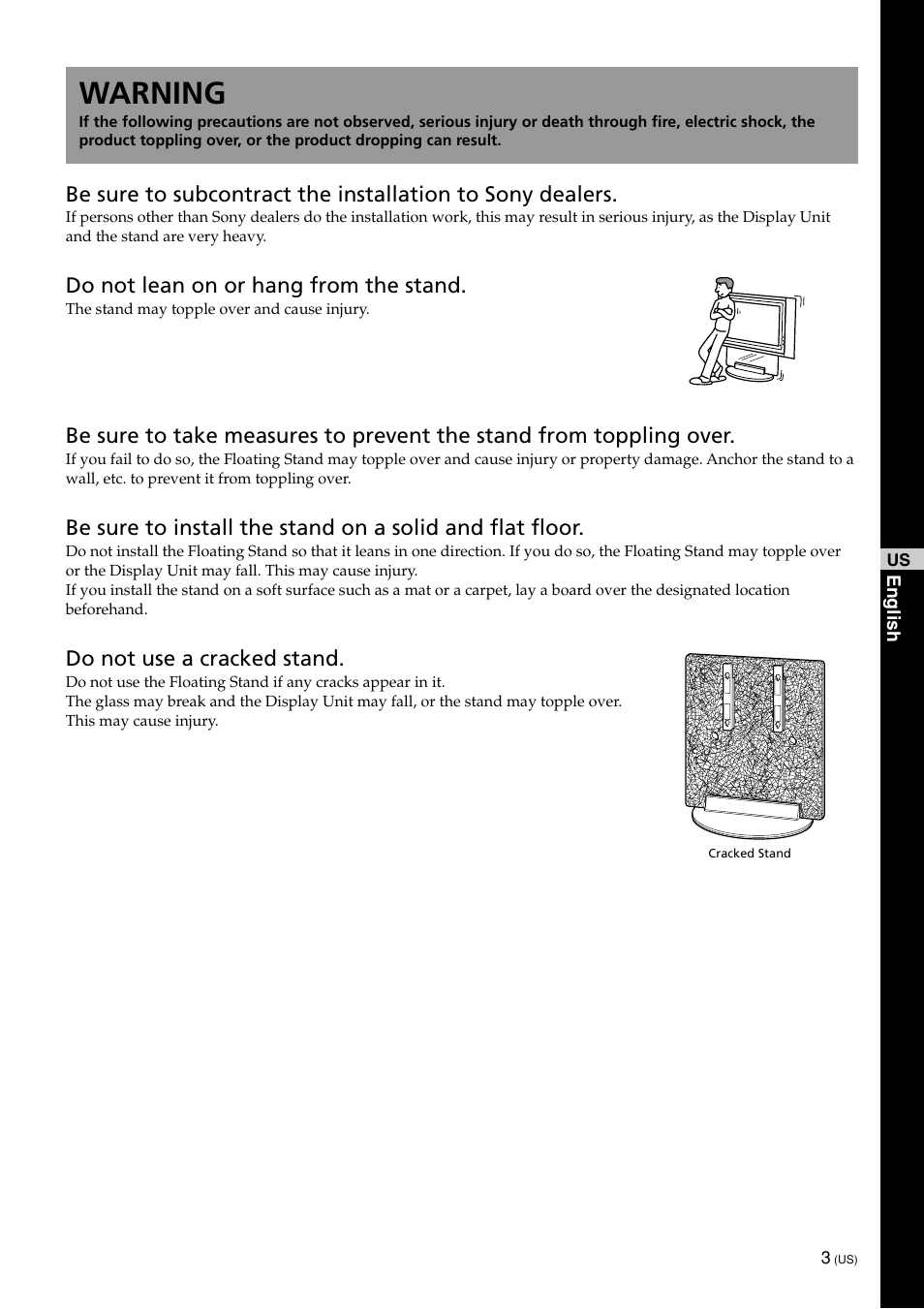 Warning | Sony SU-PF1L User Manual | Page 3 / 36