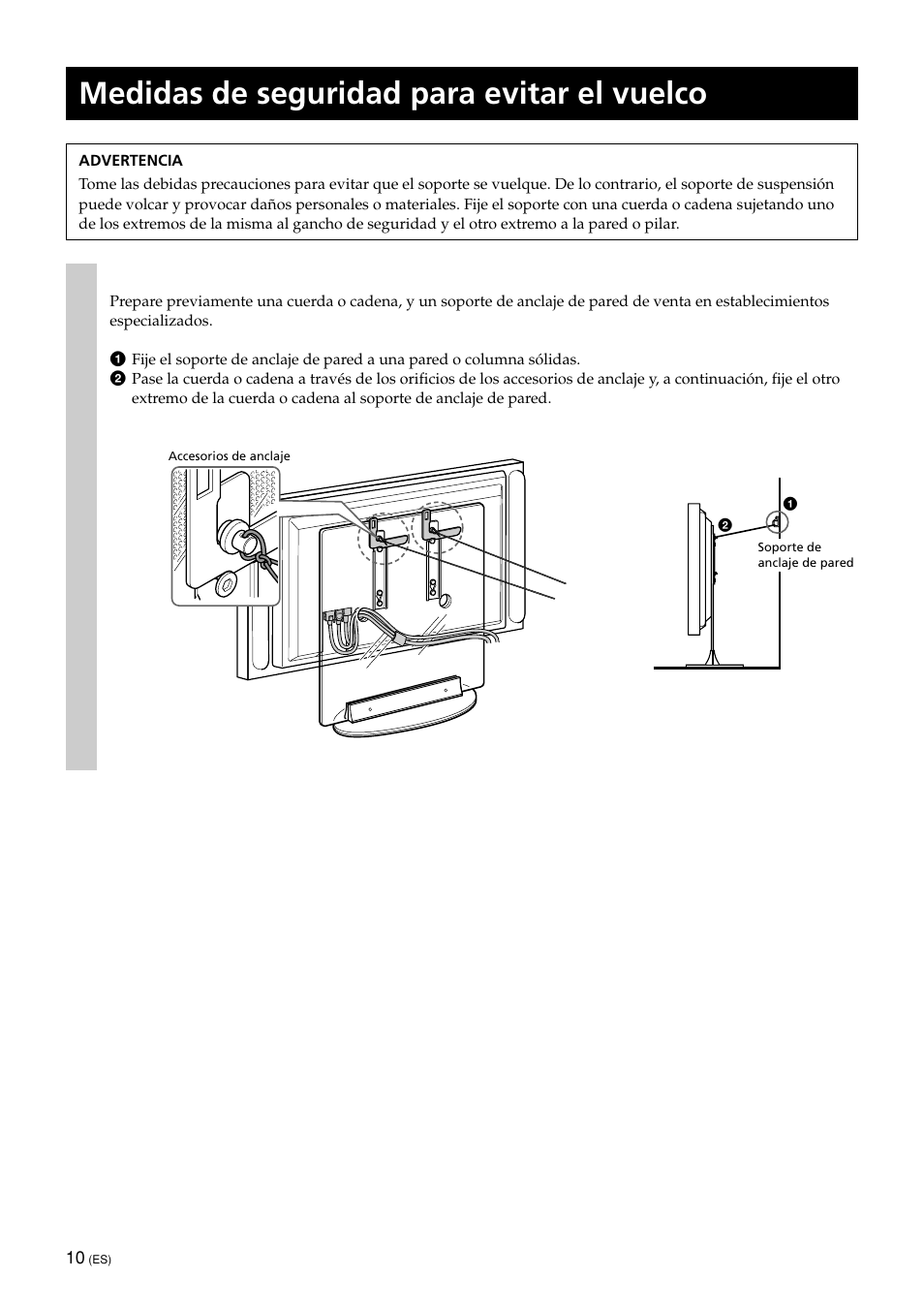 Medidas de seguridad para evitar el vuelco | Sony SU-PF1L User Manual | Page 30 / 36