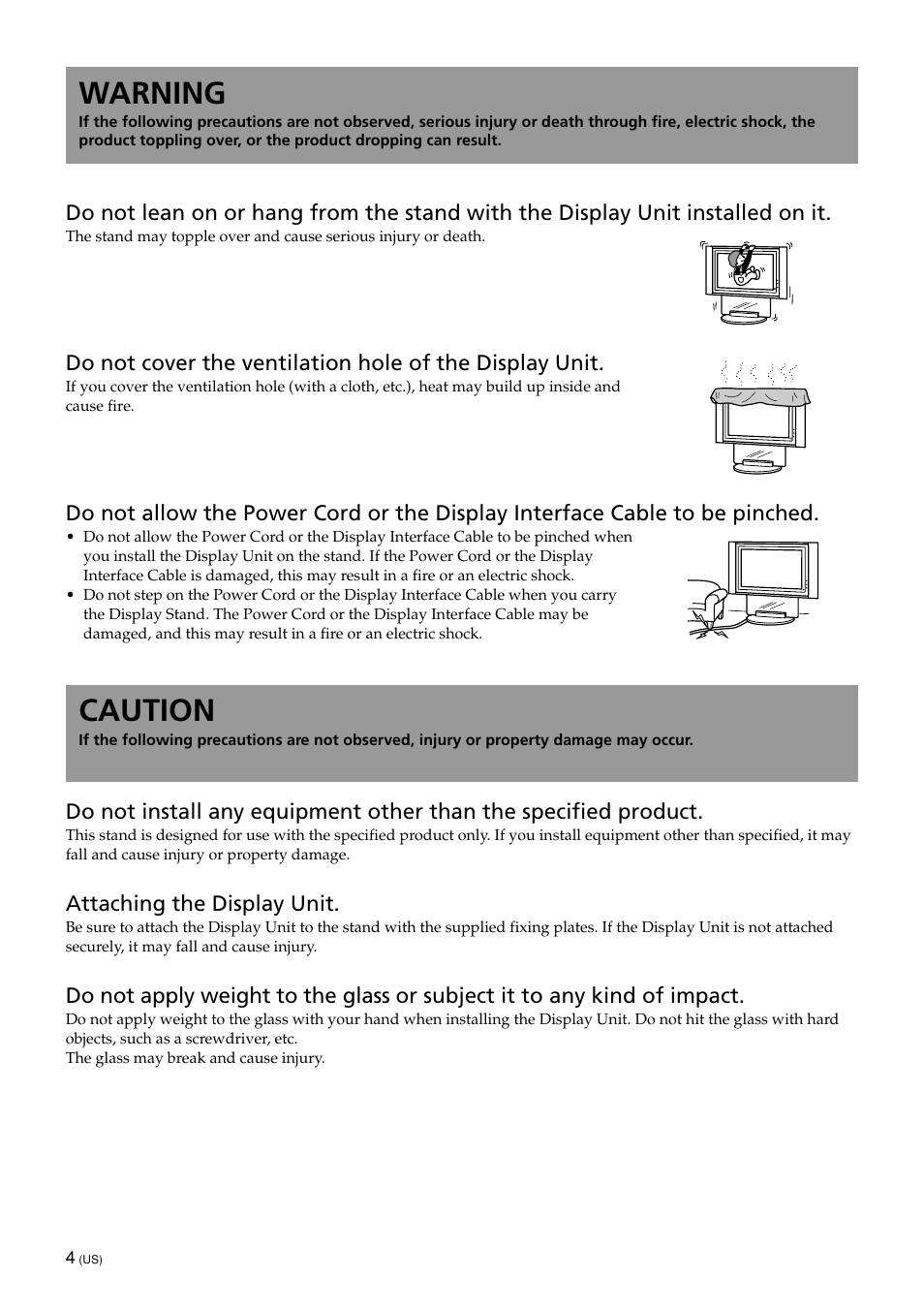 Warning, Caution | Sony SU-PF1L User Manual | Page 4 / 36