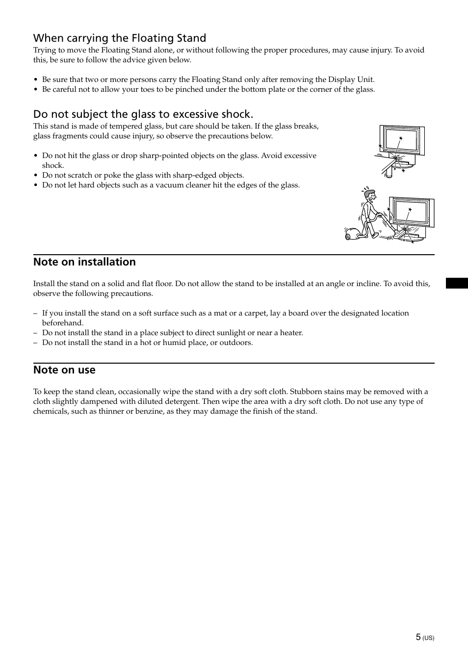 When carrying the floating stand, Do not subject the glass to excessive shock | Sony SU-PF1L User Manual | Page 5 / 36