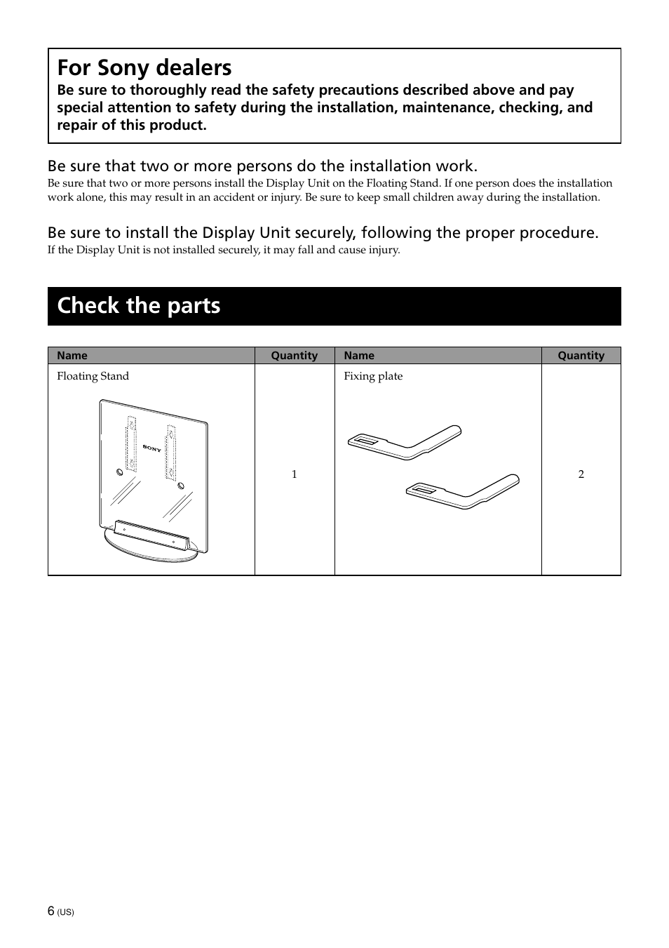 Instructions, Check the parts, For sony dealers | Sony SU-PF1L User Manual | Page 6 / 36