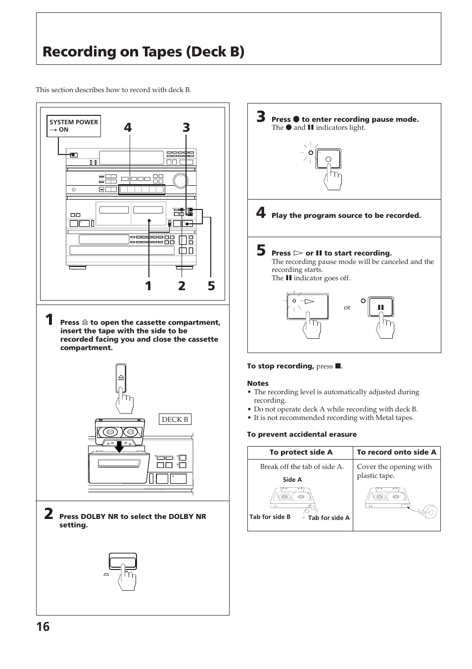 Recording on tapes (deck b) | Sony SPK-HCD User Manual | Page 16 / 28