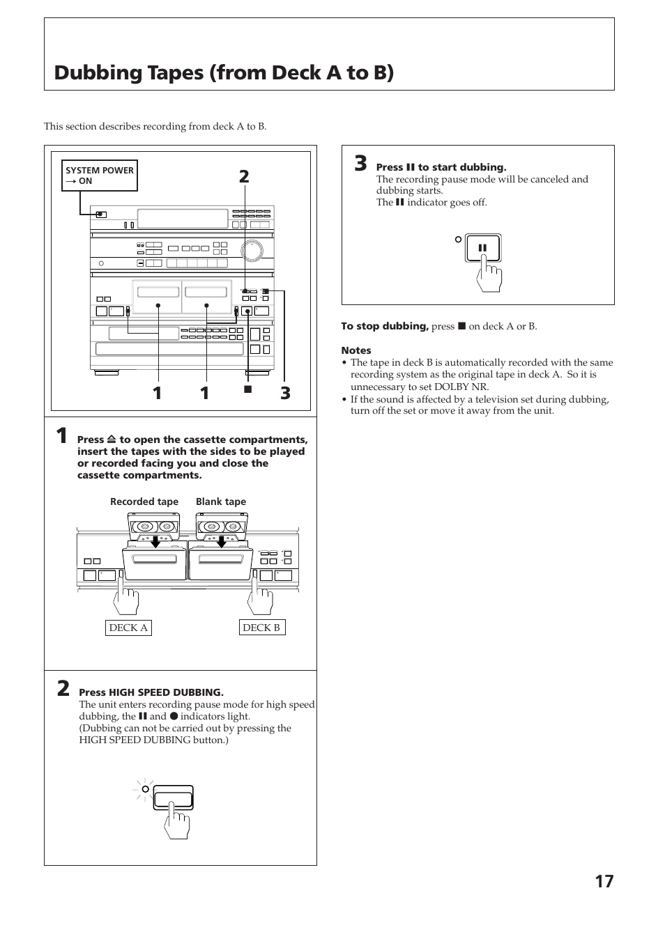 Dubbing tapes (from deck a to b) | Sony SPK-HCD User Manual | Page 17 / 28