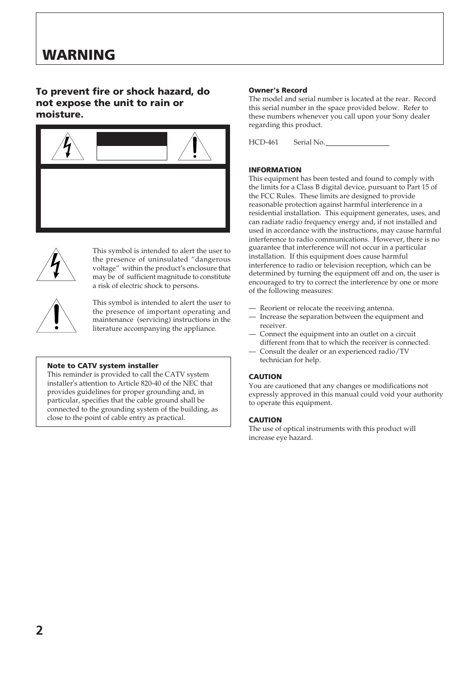 Warning, Caution | Sony SPK-HCD User Manual | Page 2 / 28
