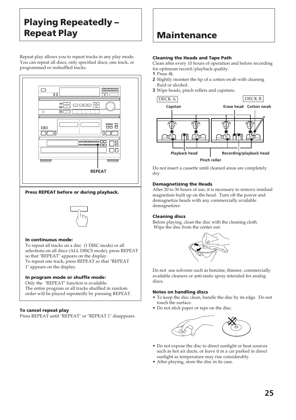 Playing repeatedly – repeat play, Maintenance | Sony SPK-HCD User Manual | Page 25 / 28
