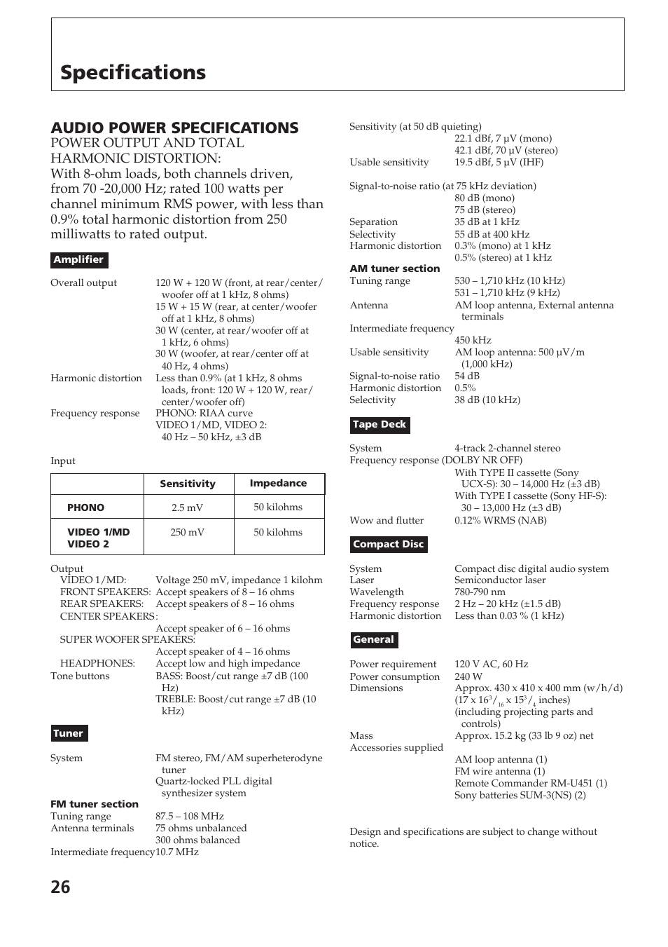 Specifications, Audio power specifications | Sony SPK-HCD User Manual | Page 26 / 28