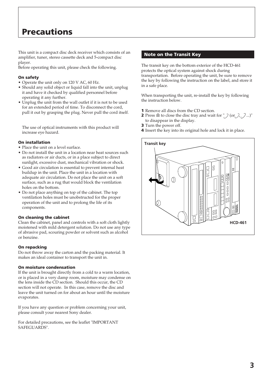 Precautions | Sony SPK-HCD User Manual | Page 3 / 28
