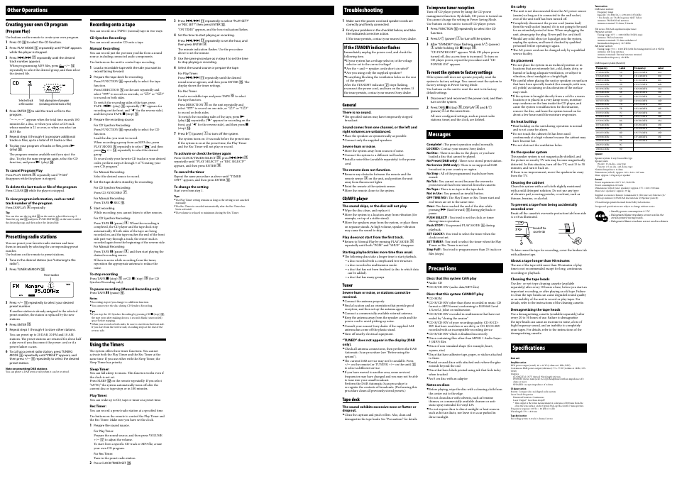 Other operations, Troubleshooting, Messages | Precautions, Specifications | Sony CMT-CPZ1DAB User Manual | Page 2 / 2