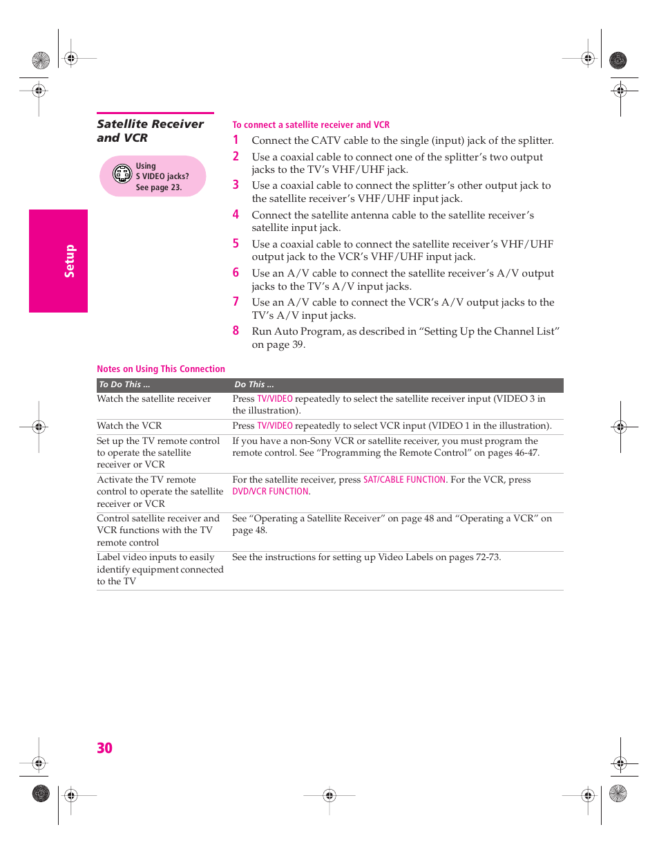 Satellite receiver and vcr | Sony KP 46WT520 User Manual | Page 31 / 85