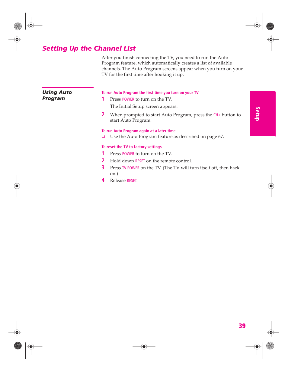 Setting up the channel list, Using auto program | Sony KP 46WT520 User Manual | Page 40 / 85