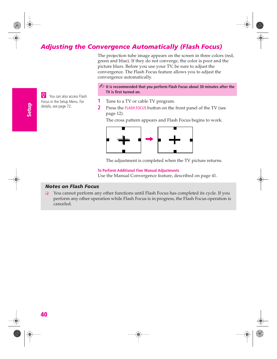Notes on flash focus | Sony KP 46WT520 User Manual | Page 41 / 85