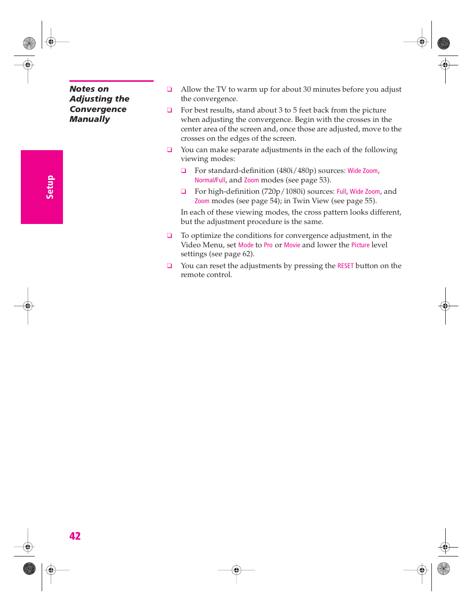 Notes on adjusting the convergence manually | Sony KP 46WT520 User Manual | Page 43 / 85