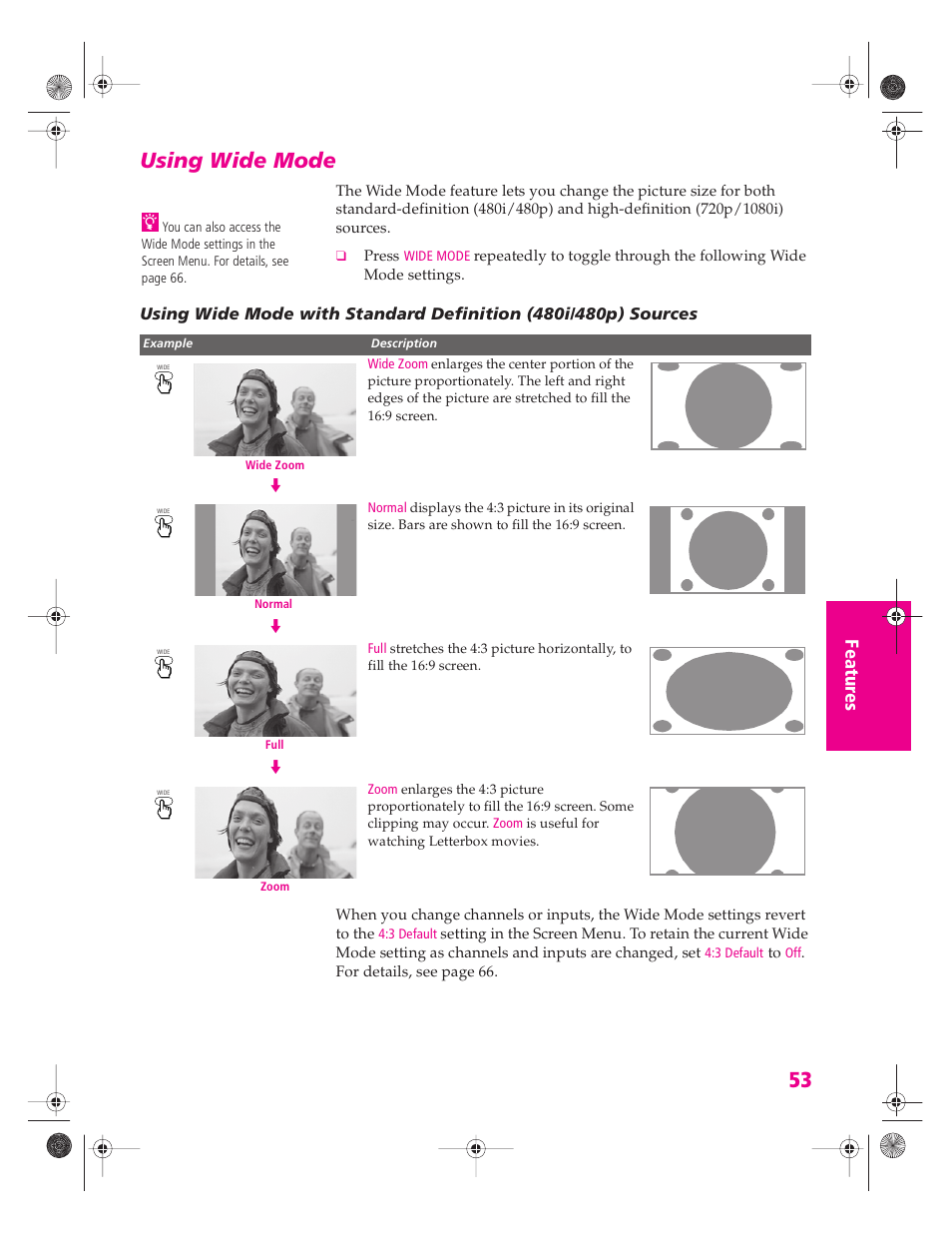 Using wide mode | Sony KP 46WT520 User Manual | Page 54 / 85
