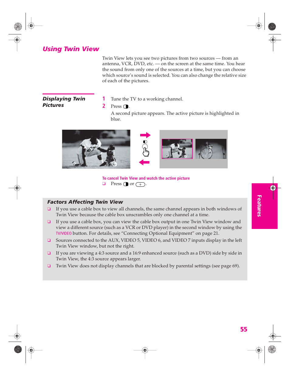 Using twin view, Displaying twin pictures, Factors affecting twin view | Sony KP 46WT520 User Manual | Page 56 / 85