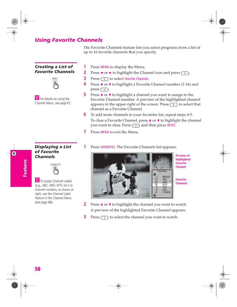 Using favorite channels, Creating a list of favorite channels, Displaying a list of favorite channels | Sony KP 46WT520 User Manual | Page 59 / 85