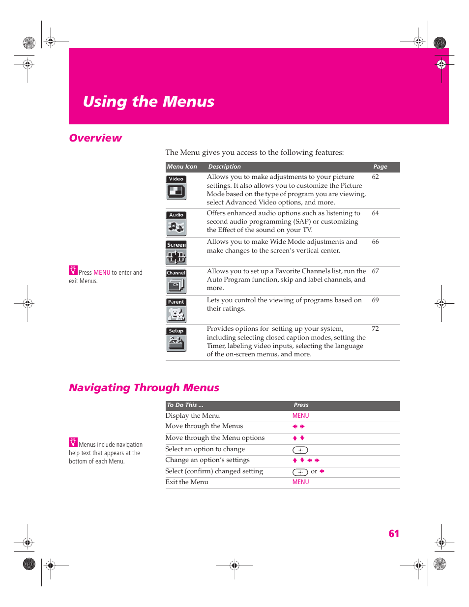 Using the menus, Overview, Navigating through menus | Overview navigating through menus | Sony KP 46WT520 User Manual | Page 62 / 85