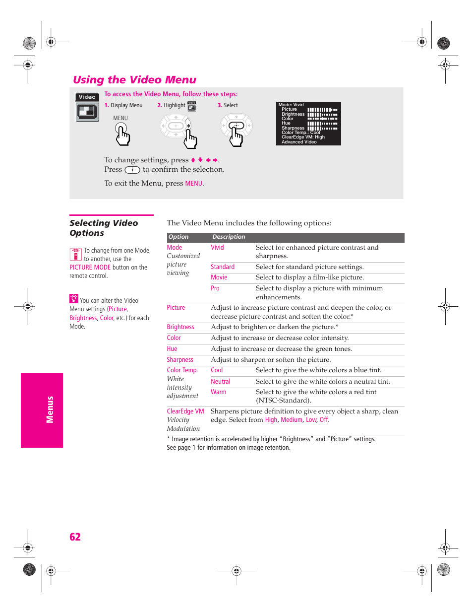 Using the video menu, Selecting video options | Sony KP 46WT520 User Manual | Page 63 / 85