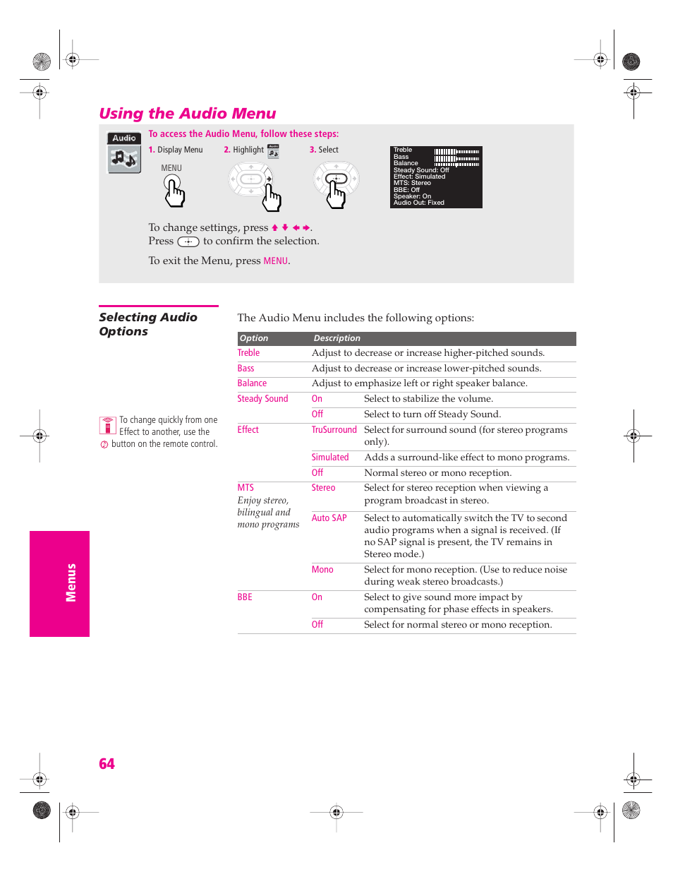 Using the audio menu, Selecting audio options | Sony KP 46WT520 User Manual | Page 65 / 85