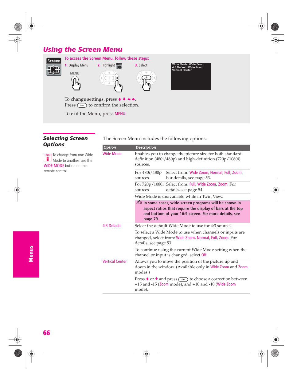 Using the screen menu, Selecting screen options | Sony KP 46WT520 User Manual | Page 67 / 85