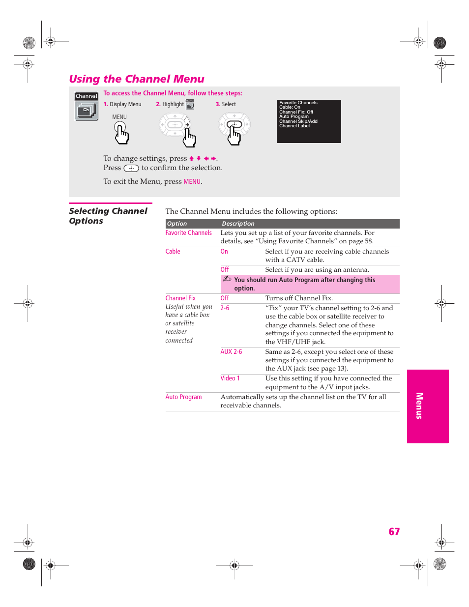 Using the channel menu, Selecting channel options | Sony KP 46WT520 User Manual | Page 68 / 85