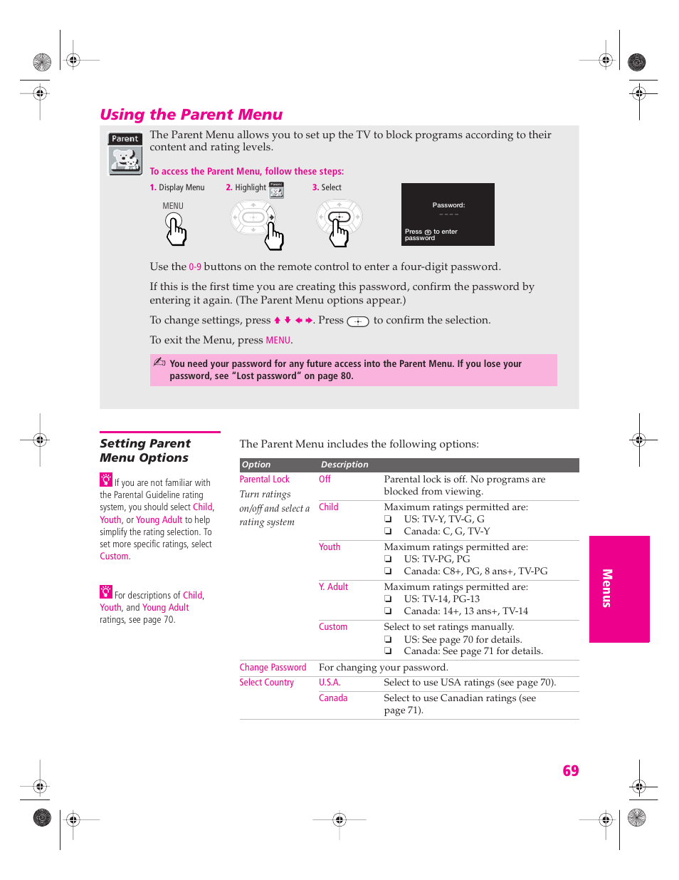 Using the parent menu, Setting parent menu options | Sony KP 46WT520 User Manual | Page 70 / 85