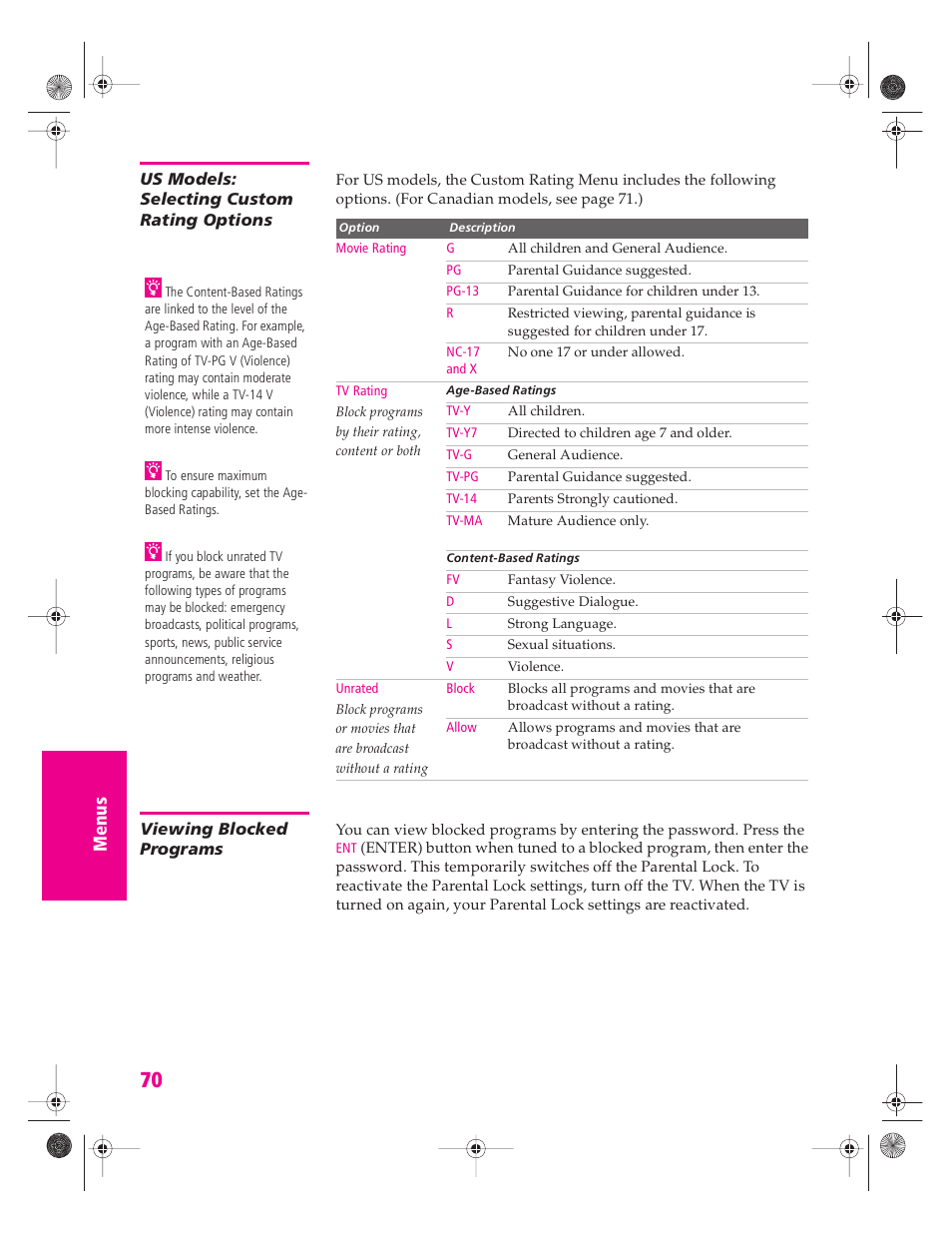 Us models: selecting custom rating options, Viewing blocked programs | Sony KP 46WT520 User Manual | Page 71 / 85