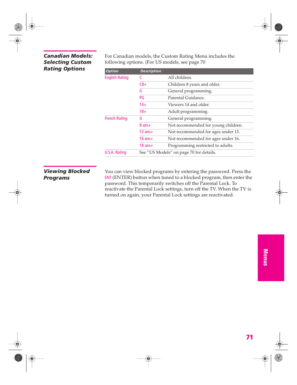 Canadian models: selecting custom rating options, Viewing blocked programs | Sony KP 46WT520 User Manual | Page 72 / 85