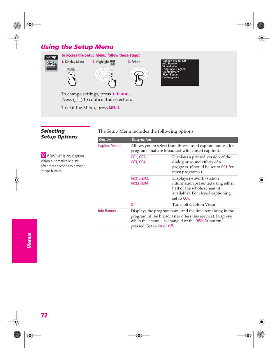 Using the setup menu, Selecting setup options | Sony KP 46WT520 User Manual | Page 73 / 85